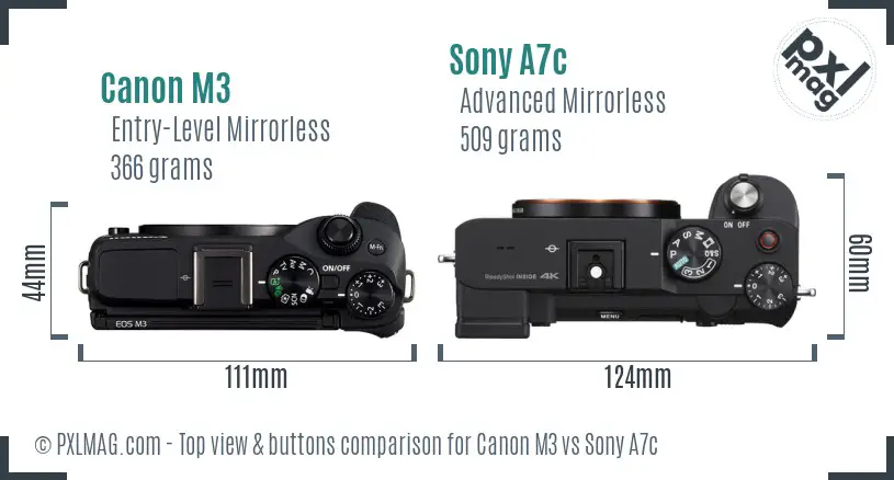 Canon M3 vs Sony A7c top view buttons comparison