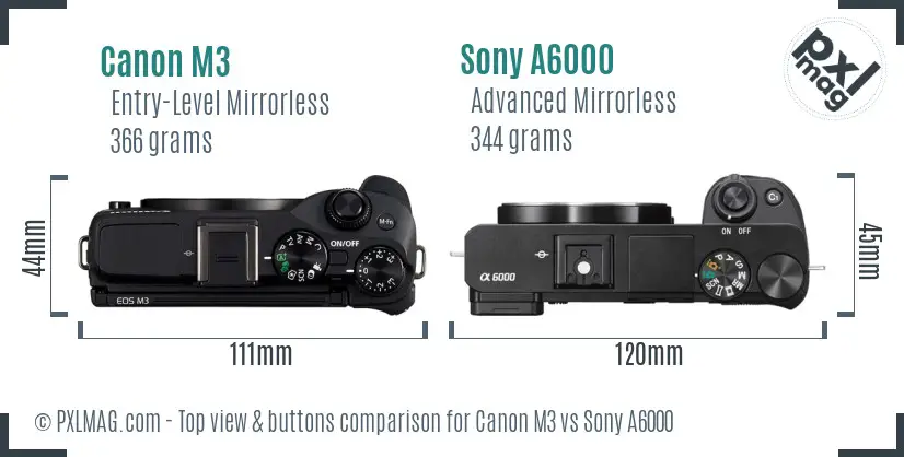 Canon M3 vs Sony A6000 top view buttons comparison