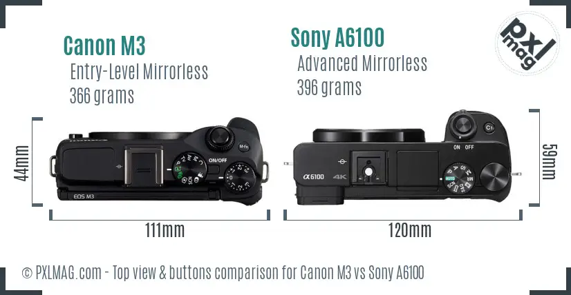 Canon M3 vs Sony A6100 top view buttons comparison