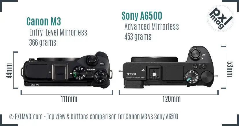 Canon M3 vs Sony A6500 top view buttons comparison