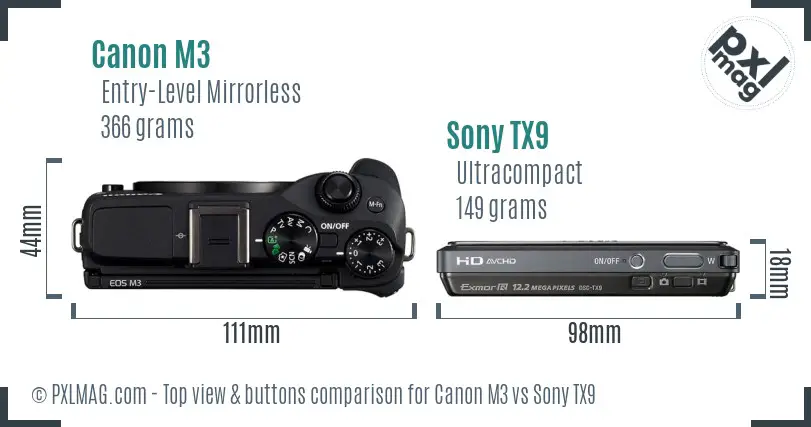 Canon M3 vs Sony TX9 top view buttons comparison