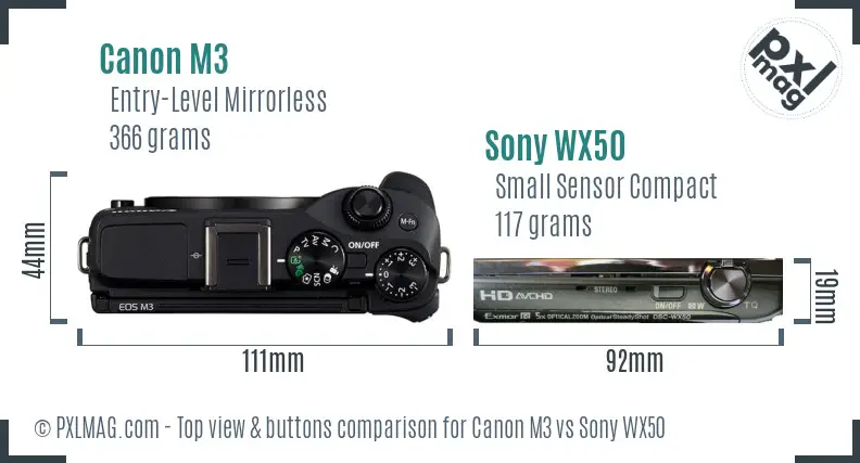 Canon M3 vs Sony WX50 top view buttons comparison