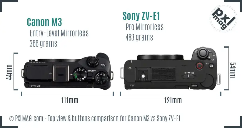 Canon M3 vs Sony ZV-E1 top view buttons comparison