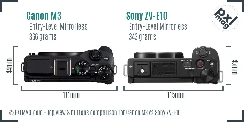 Canon M3 vs Sony ZV-E10 top view buttons comparison