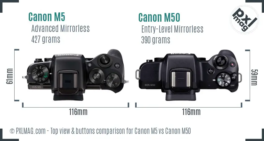 Canon M5 vs Canon M50 top view buttons comparison