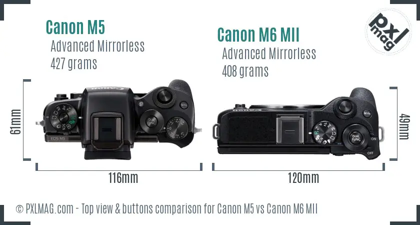 Canon M5 vs Canon M6 MII top view buttons comparison