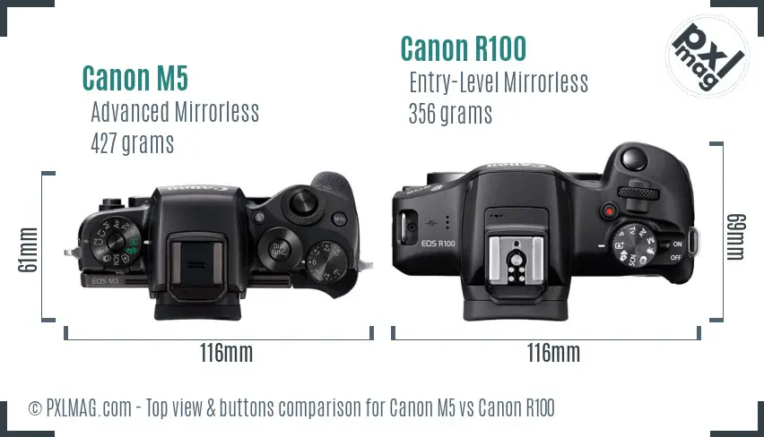 Canon M5 vs Canon R100 top view buttons comparison Canon M5 vs Canon R100 top view buttons comparison