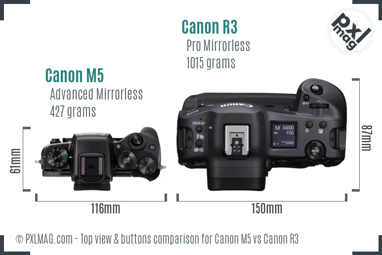 Canon M5 vs Canon R3 top view buttons comparison