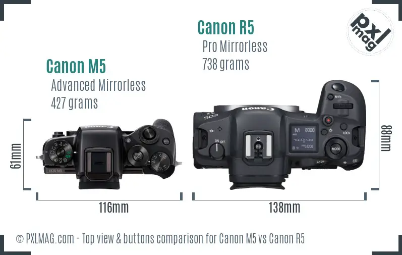 Canon M5 vs Canon R5 top view buttons comparison Canon M5 vs Canon R5 top view buttons comparison