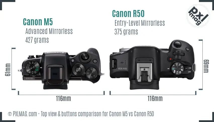 Canon M5 vs Canon R50 top view buttons comparison