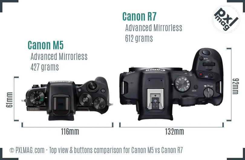 Canon M5 vs Canon R7 top view buttons comparison