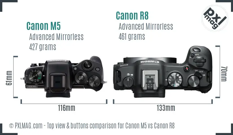 Canon M5 vs Canon R8 top view buttons comparison