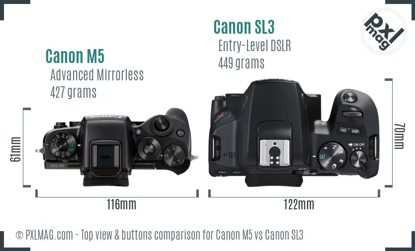 Canon M5 vs Canon SL3 top view buttons comparison Canon M5 vs Canon SL3 top view buttons comparison