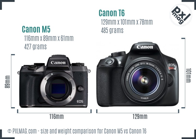 Canon M5 vs Canon T6 size comparison