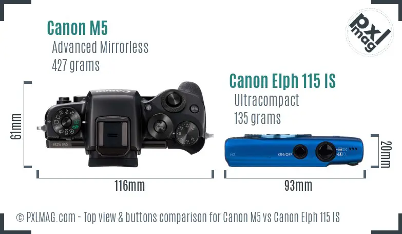 Canon M5 vs Canon Elph 115 IS top view buttons comparison