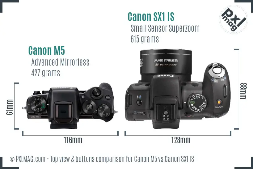 Canon M5 vs Canon SX1 IS top view buttons comparison