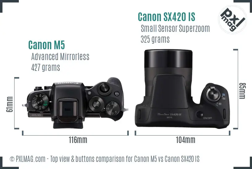 Canon M5 vs Canon SX420 IS top view buttons comparison