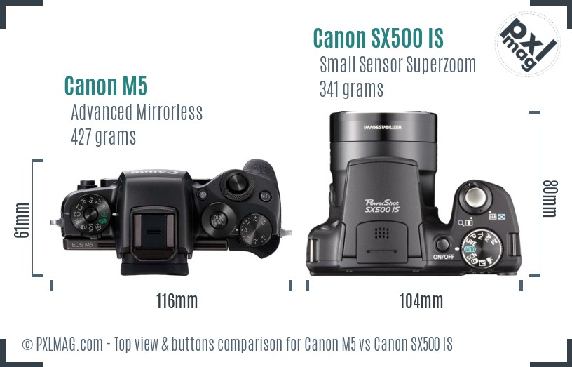 Canon M5 vs Canon SX500 IS top view buttons comparison