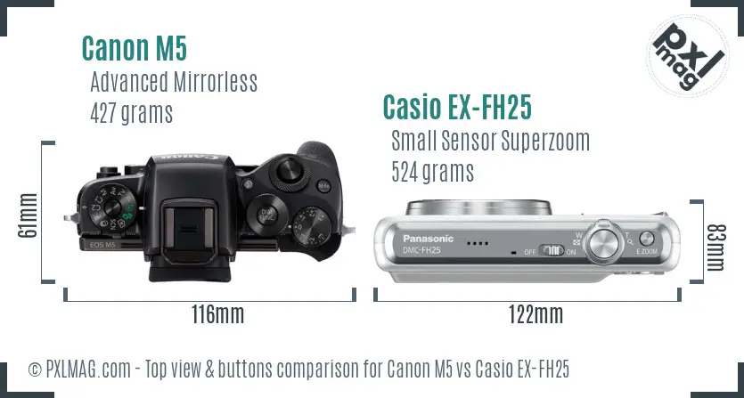 Canon M5 vs Casio EX-FH25 top view buttons comparison