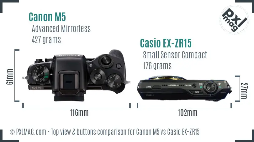 Canon M5 vs Casio EX-ZR15 top view buttons comparison