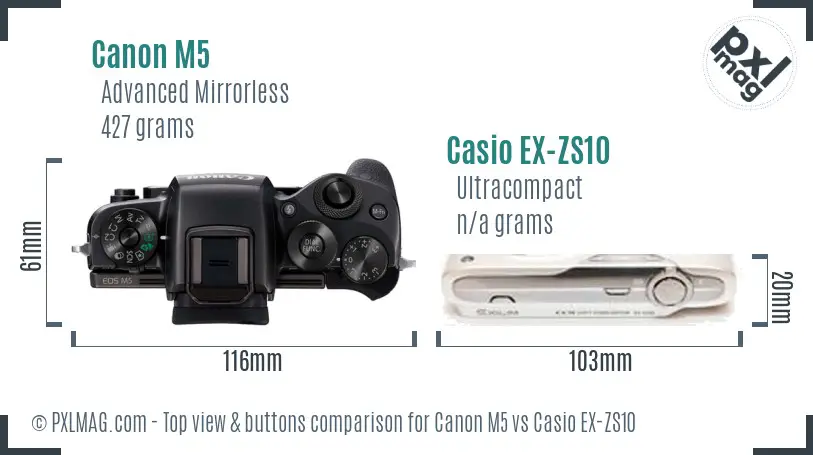 Canon M5 vs Casio EX-ZS10 top view buttons comparison