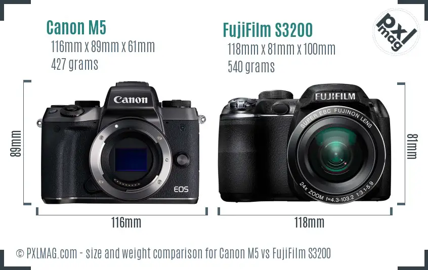 Canon M5 vs FujiFilm S3200 size comparison