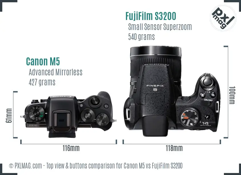 Canon M5 vs FujiFilm S3200 top view buttons comparison