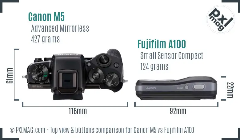 Canon M5 vs Fujifilm A100 top view buttons comparison