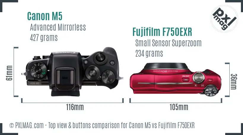 Canon M5 vs Fujifilm F750EXR top view buttons comparison