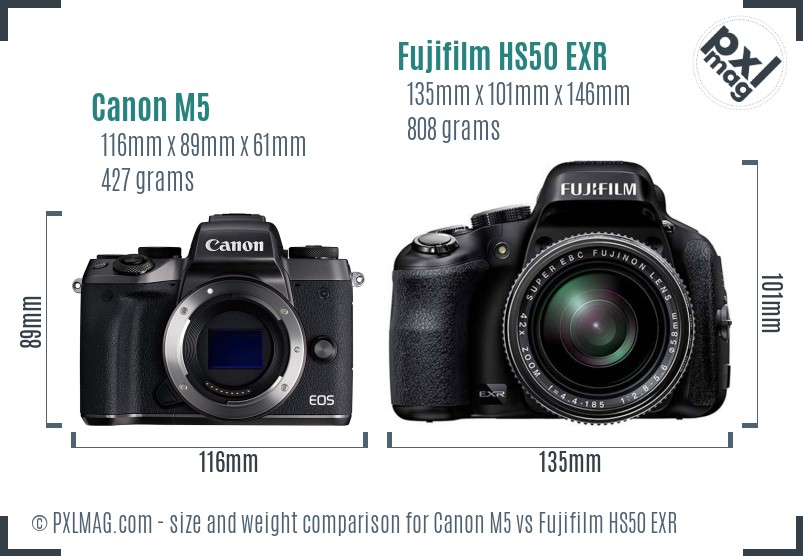 Canon M5 vs Fujifilm HS50 EXR size comparison