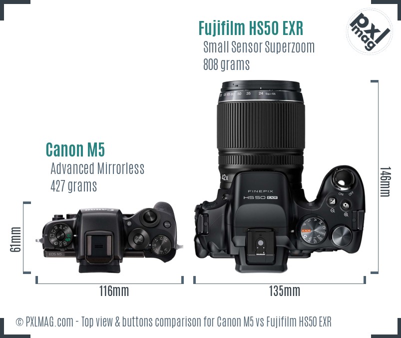 Canon M5 vs Fujifilm HS50 EXR top view buttons comparison