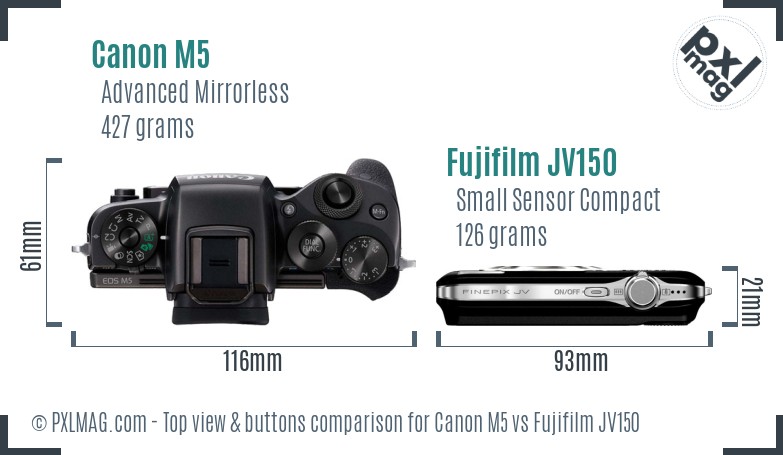 Canon M5 vs Fujifilm JV150 top view buttons comparison