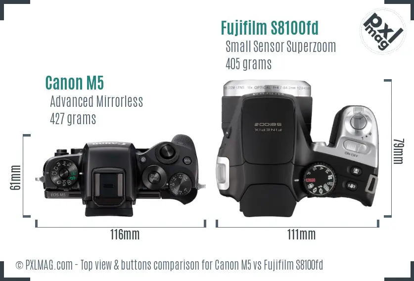 Canon M5 vs Fujifilm S8100fd top view buttons comparison