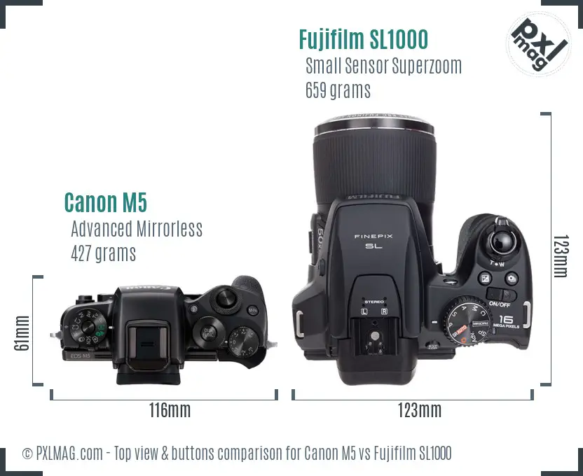 Canon M5 vs Fujifilm SL1000 top view buttons comparison