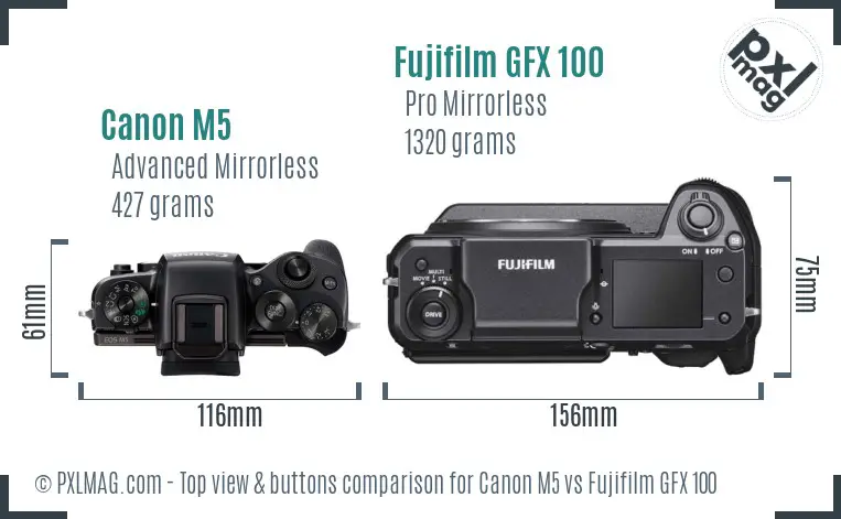 Canon M5 vs Fujifilm GFX 100 top view buttons comparison