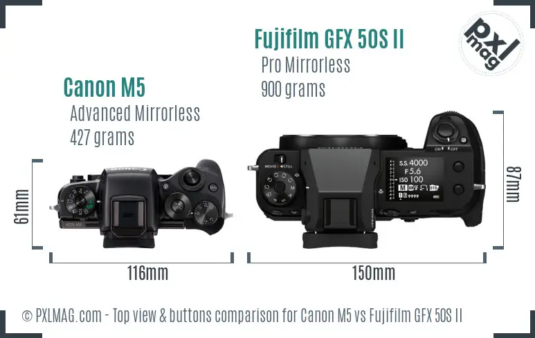 Canon M5 vs Fujifilm GFX 50S II top view buttons comparison