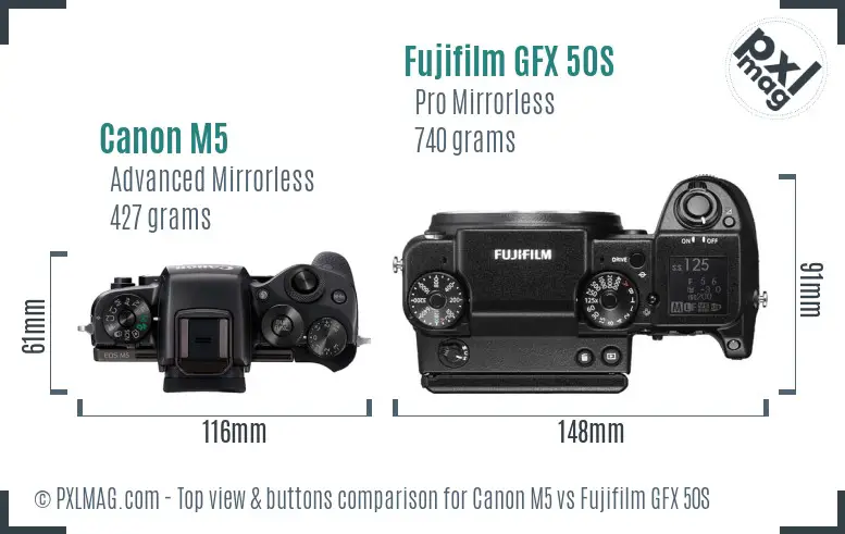 Canon M5 vs Fujifilm GFX 50S top view buttons comparison