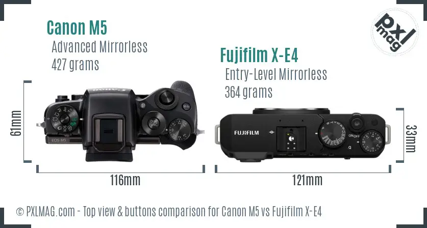 Canon M5 vs Fujifilm X-E4 top view buttons comparison Canon M5 vs Fujifilm X-E4 top view buttons comparison