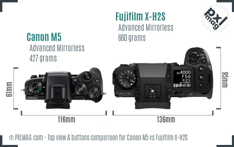 Canon M5 vs Fujifilm X-H2S top view buttons comparison