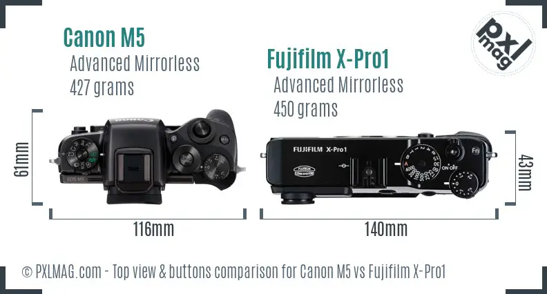 Canon M5 vs Fujifilm X-Pro1 top view buttons comparison