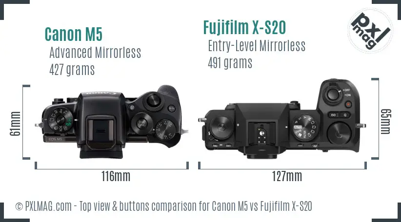 Canon M5 vs Fujifilm X-S20 top view buttons comparison