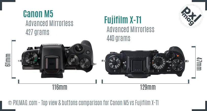 Canon M5 vs Fujifilm X-T1 top view buttons comparison