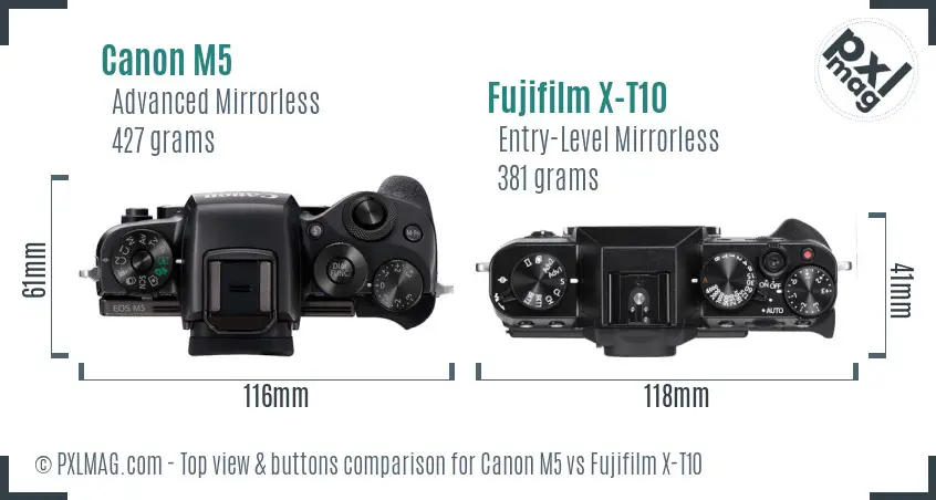 Canon M5 vs Fujifilm X-T10 top view buttons comparison