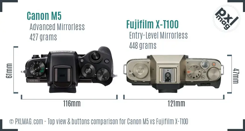 Canon M5 vs Fujifilm X-T100 top view buttons comparison