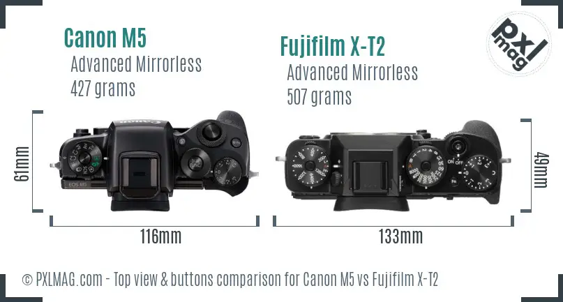 Canon M5 vs Fujifilm X-T2 top view buttons comparison Canon M5 vs Fujifilm X-T2 top view buttons comparison