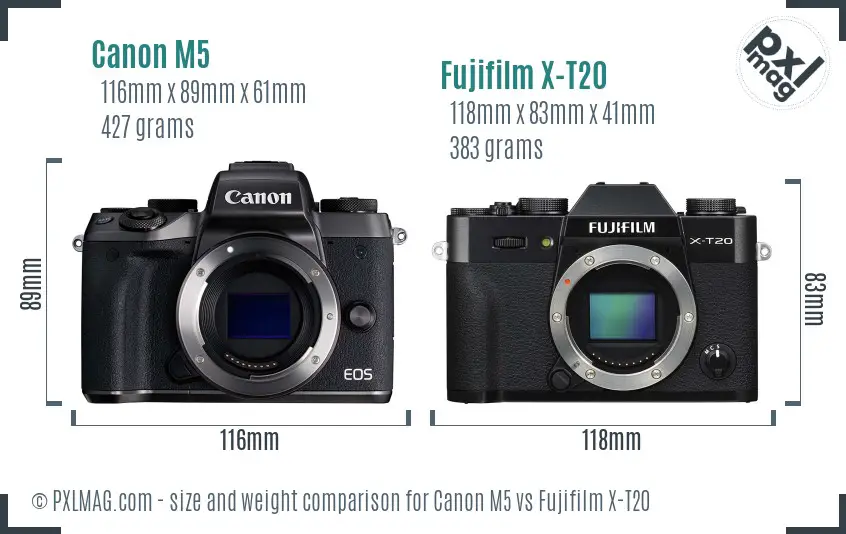 Canon M5 vs Fujifilm X-T20 size comparison