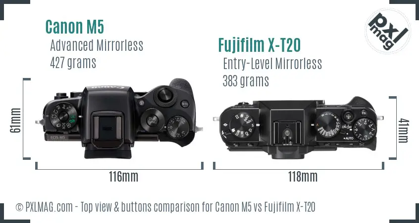 Canon M5 vs Fujifilm X-T20 top view buttons comparison