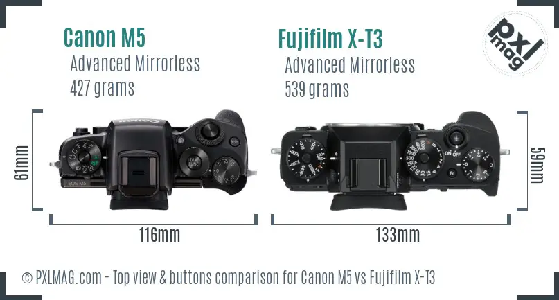 Canon M5 vs Fujifilm X-T3 top view buttons comparison