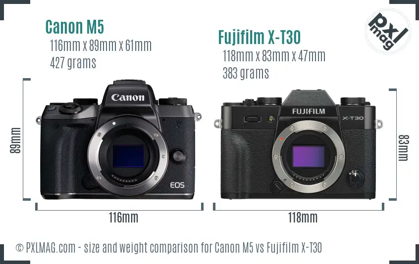 Canon M5 vs Fujifilm X-T30 size comparison