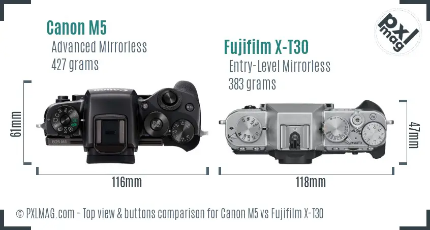 Canon M5 vs Fujifilm X-T30 top view buttons comparison